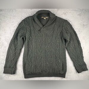 Inis Crafts Merino Wool Shawl Neck Cable Knit Sweater Womens Size Medium Green